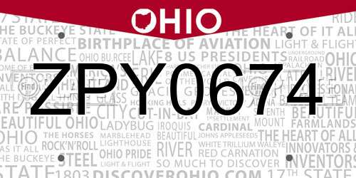ZPY0674 Ohio License Plate