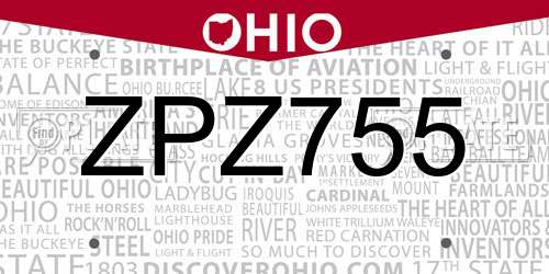 ZPZ755 Ohio License Plate