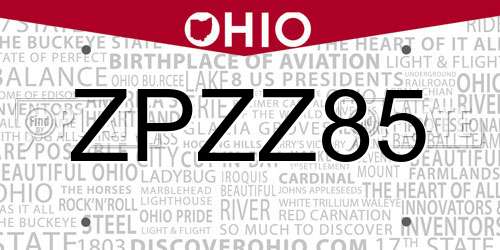 ZPZZ85 Ohio License Plate