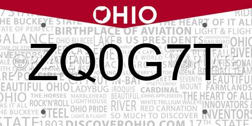 ZQ0G7T Ohio License Plate