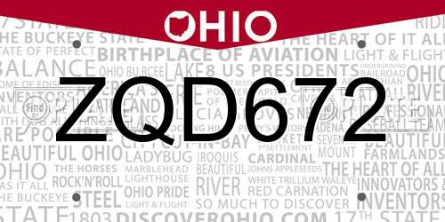 ZQD672 Ohio License Plate