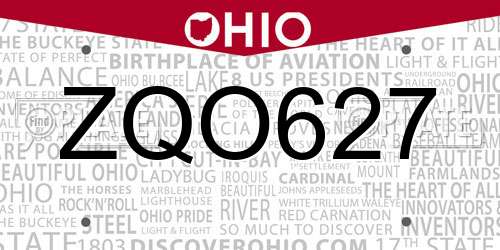 ZQO627 Ohio License Plate