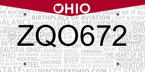 ZQO672 Ohio License Plate