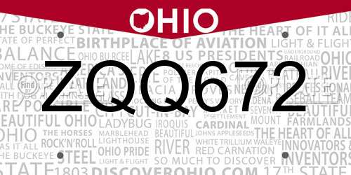 ZQQ672 Ohio License Plate