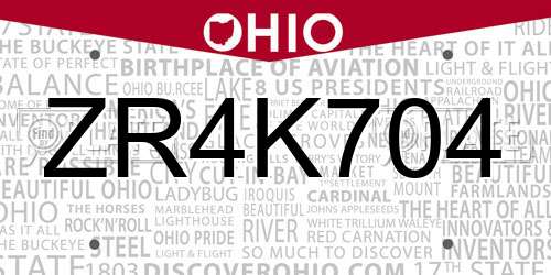 ZR4K704 Ohio License Plate