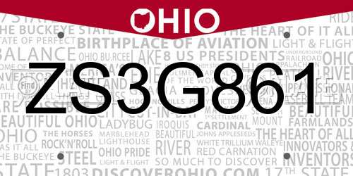 ZS3G861 Ohio License Plate