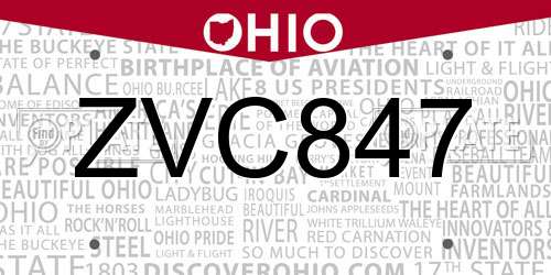 ZVC847 Ohio License Plate