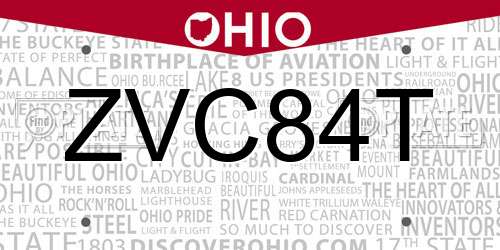 ZVC84T Ohio License Plate