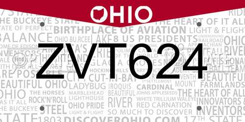 ZVT624 Ohio License Plate