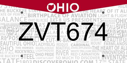 ZVT674 Ohio License Plate