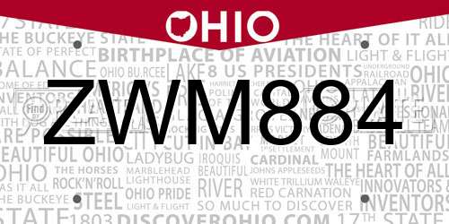 ZWM884 Ohio License Plate