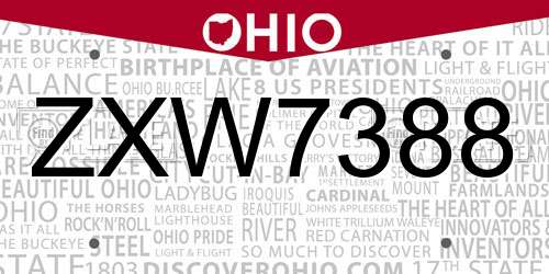 ZXW7388 Ohio License Plate