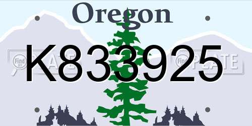 K833925 Oregon License Plate