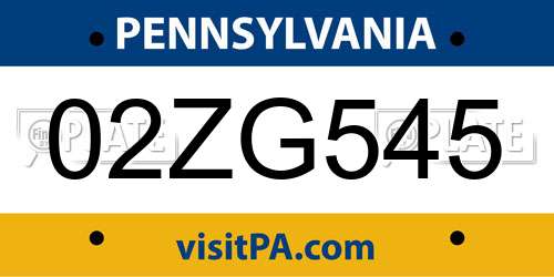 02ZG545 Pennsylvania License Plate