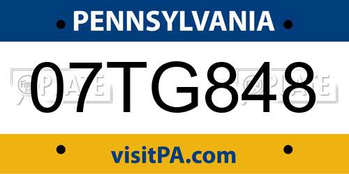 07TG848 Pennsylvania License Plate