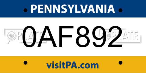 0AF892 Pennsylvania License Plate