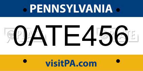 0ATE456 Pennsylvania License Plate