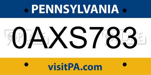 0AXS783 Pennsylvania License Plate