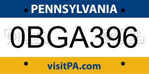 0BGA396 Pennsylvania License Plate