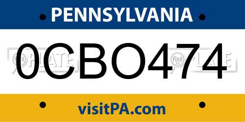 0CBO474 Pennsylvania License Plate