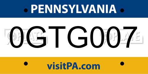 0GTG007 Pennsylvania License Plate