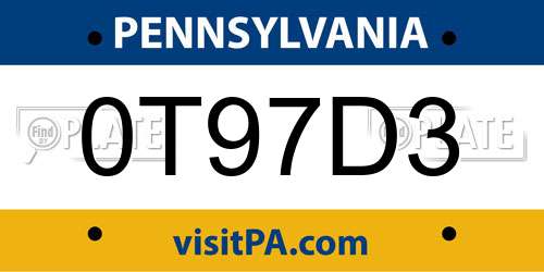 0T97D3 Pennsylvania License Plate