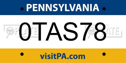 0TAS78 Pennsylvania License Plate