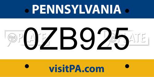 0ZB925 Pennsylvania License Plate