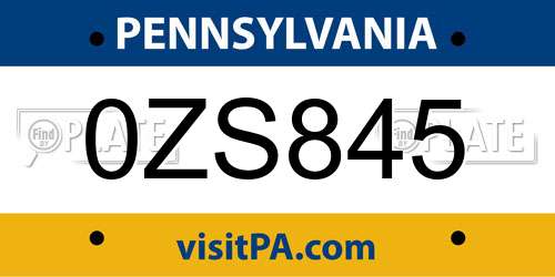 0ZS845 Pennsylvania License Plate