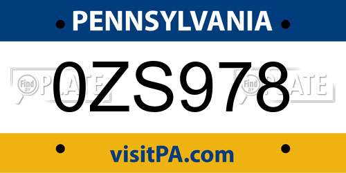 0ZS978 Pennsylvania License Plate