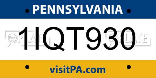 1IQT930 Pennsylvania License Plate