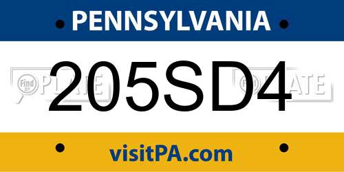 205SD4 Pennsylvania License Plate