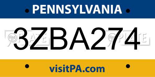 3ZBA274 Pennsylvania License Plate