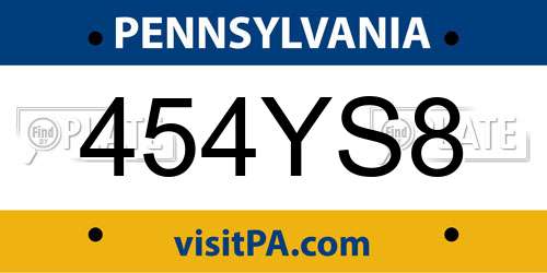 454YS8 Pennsylvania License Plate