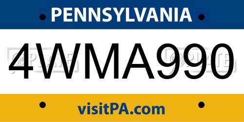 4WMA990 Pennsylvania License Plate