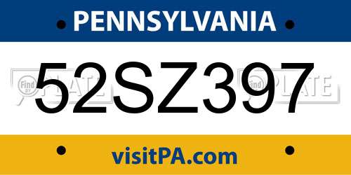 52SZ397 Pennsylvania License Plate