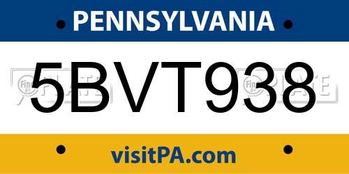 5BVT938 Pennsylvania License Plate