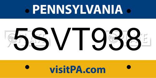 5SVT938 Pennsylvania License Plate