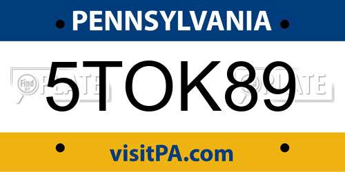 5TOK89 Pennsylvania License Plate