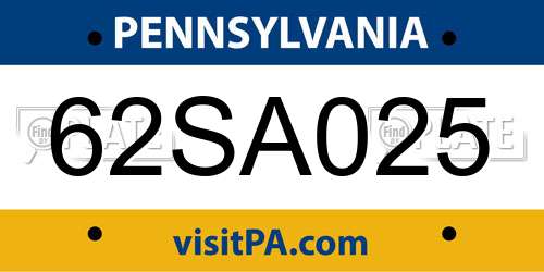62SA025 Pennsylvania License Plate