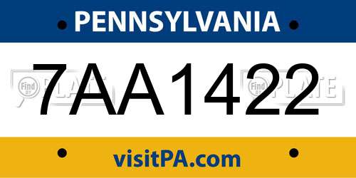 7AA1422 Pennsylvania License Plate