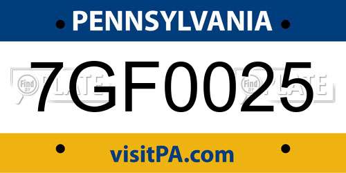 7GF0025 Pennsylvania License Plate