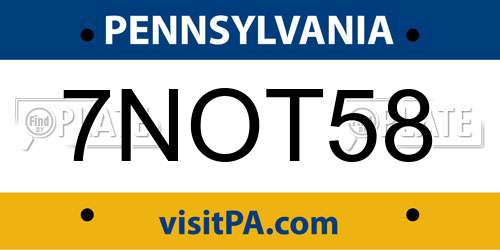 7NOT58 Pennsylvania License Plate