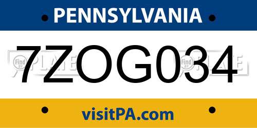7ZOG034 Pennsylvania License Plate