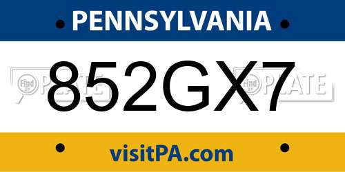 852GX7 Pennsylvania License Plate
