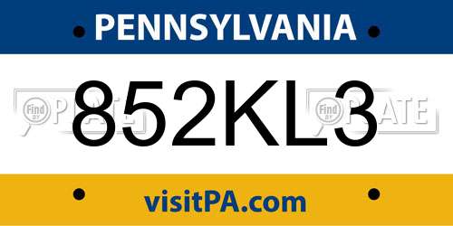 852KL3 Pennsylvania License Plate