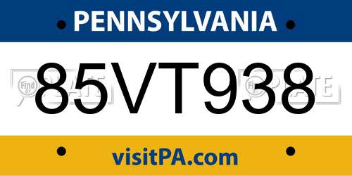 85VT938 Pennsylvania License Plate