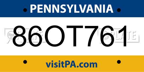 86OT761 Pennsylvania License Plate
