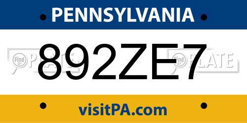 892ZE7 Pennsylvania License Plate