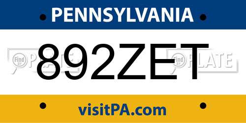 892ZET Pennsylvania License Plate
